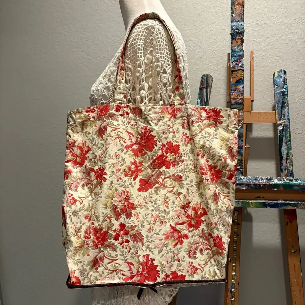 ANNA GRIFFIN Floral Tote Cream/Red/Pink/Taupe Sz OS Compactable Zippered Pouch
